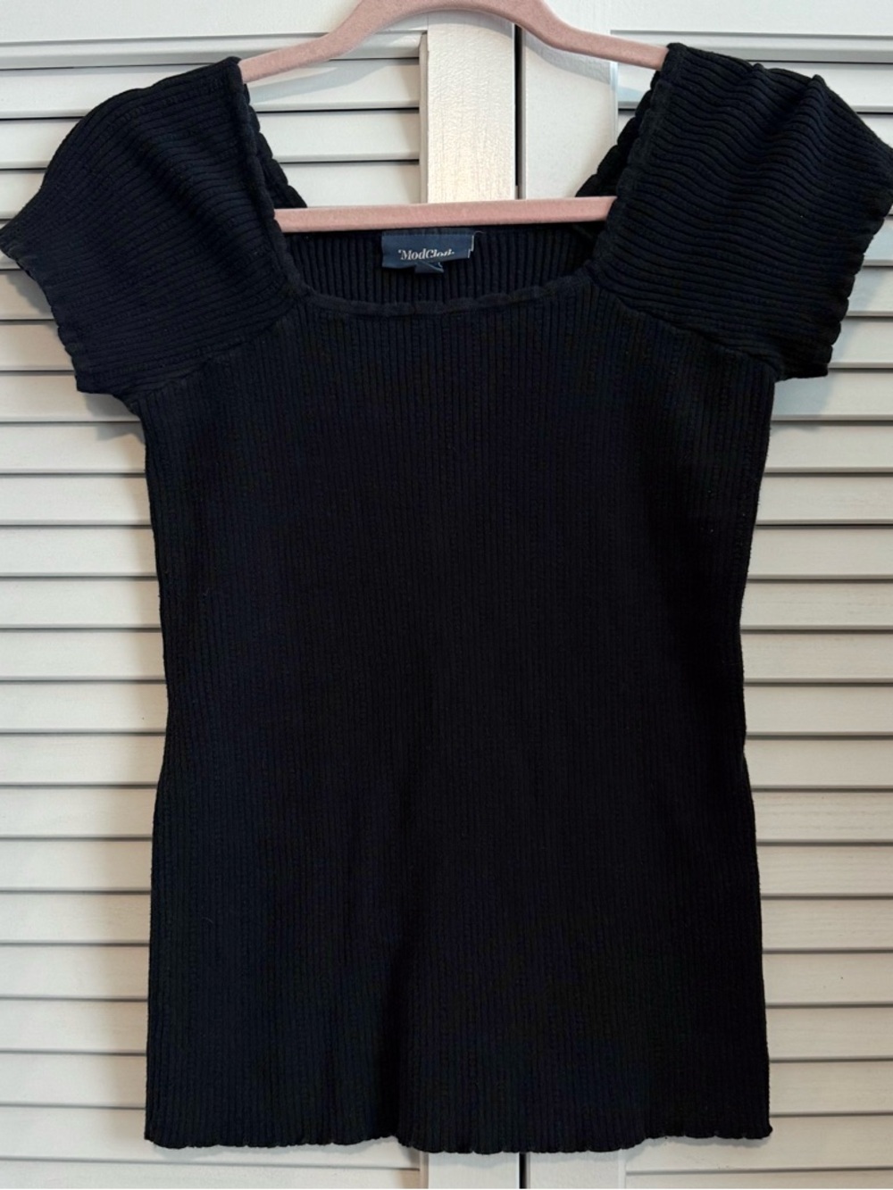 ModCloth Black Ribbed Square-Neck Short Sleeve Top